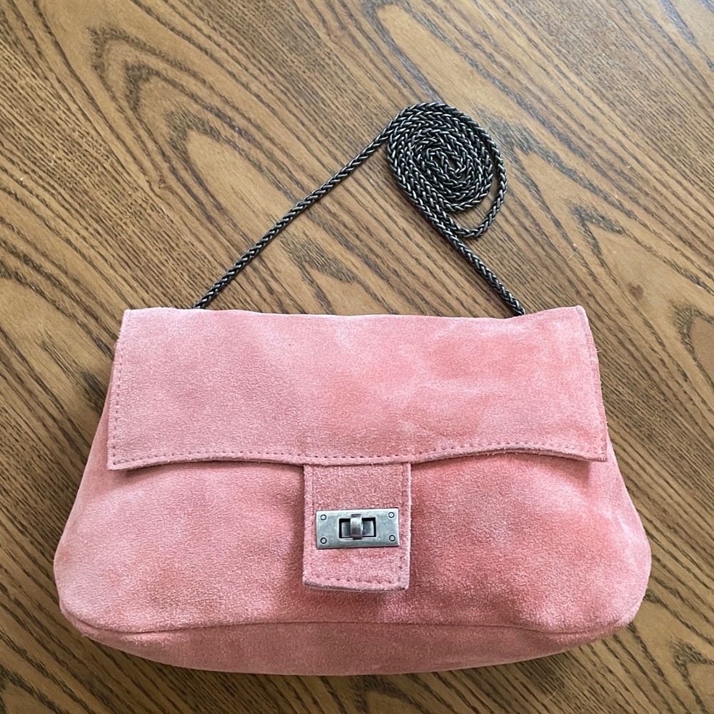 Free People Pink Suede Leather Crossbody Bag Turn Lock Chain Strap Boho